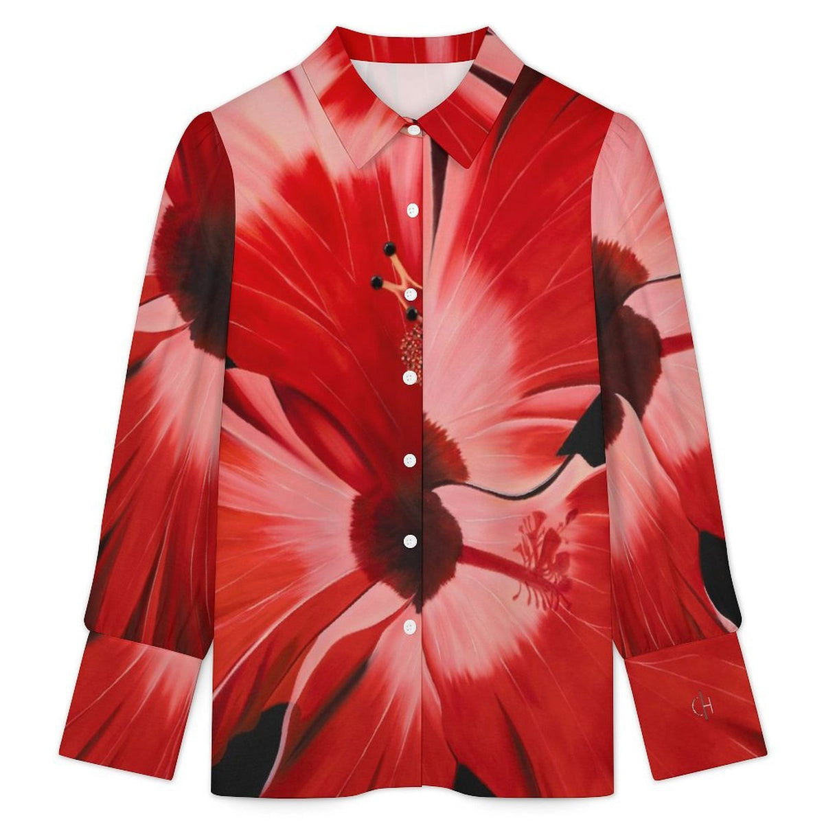 Sonia Guisto - "Rosa China" Art Women's Satin Lantern Long Sleeve Blouse