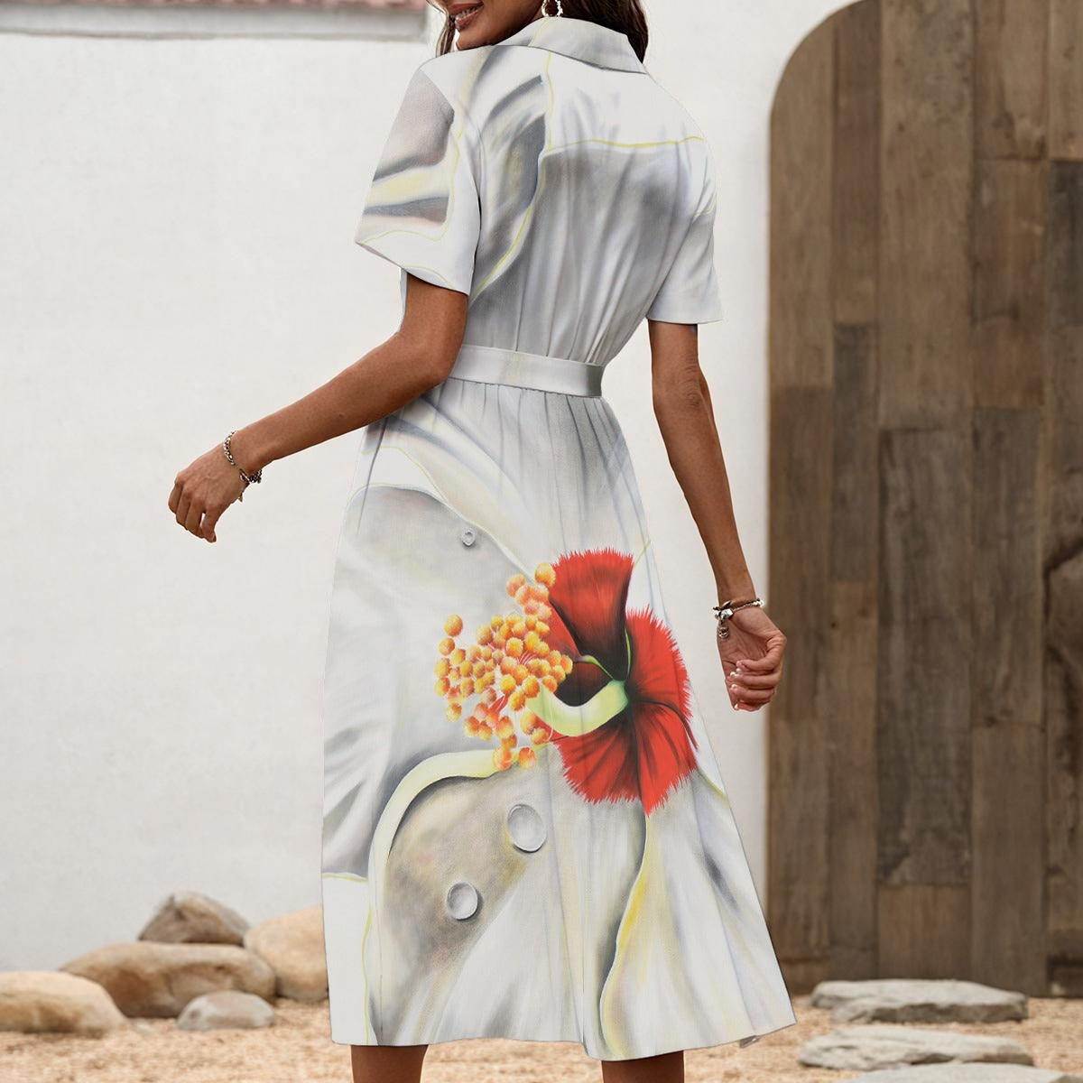 Sonia Giusto – White Hibiscus Art Women’s Shirt Dress with Waist Tie