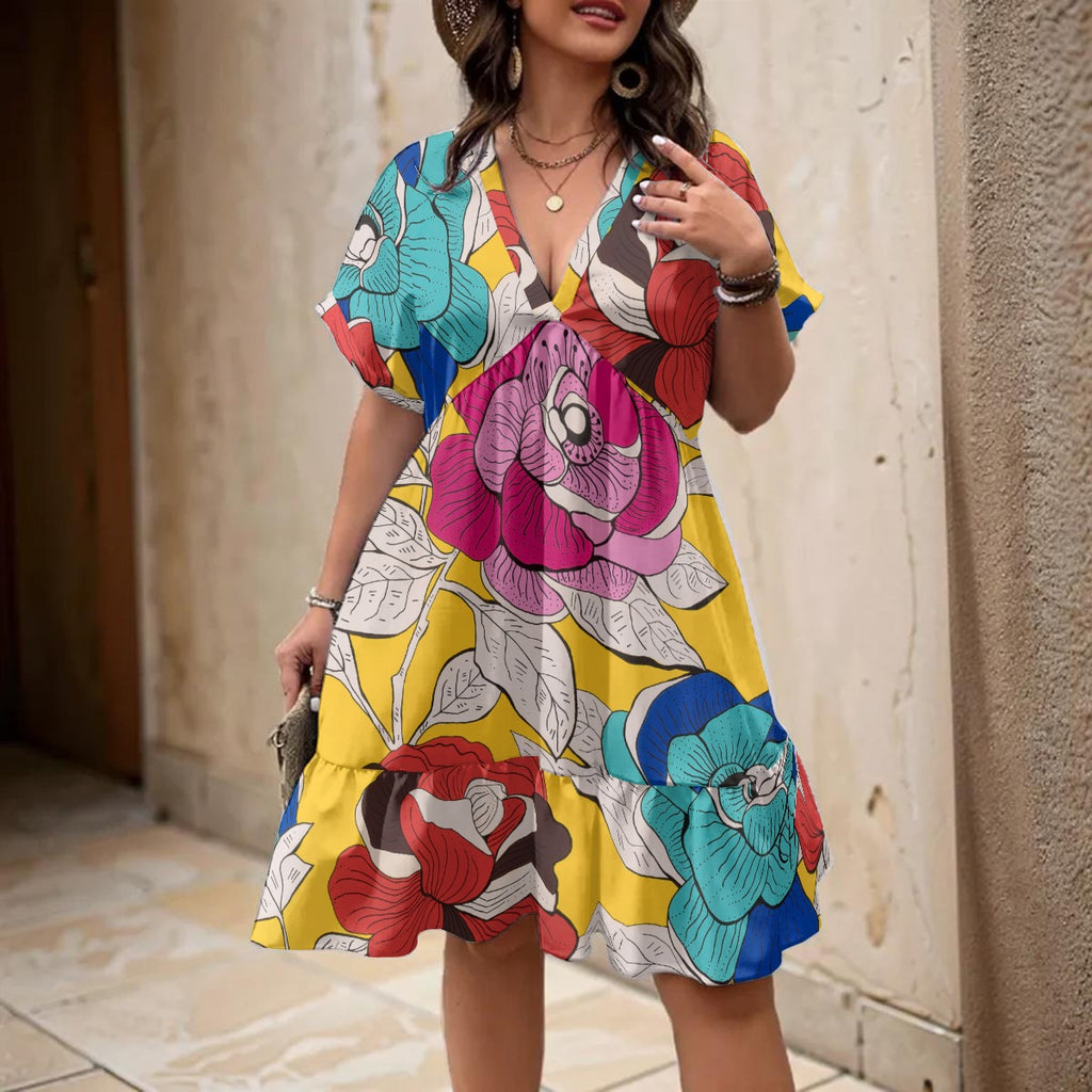 Sonia Giusto - “Flores” Art V-Neck Short Sleeve Dress