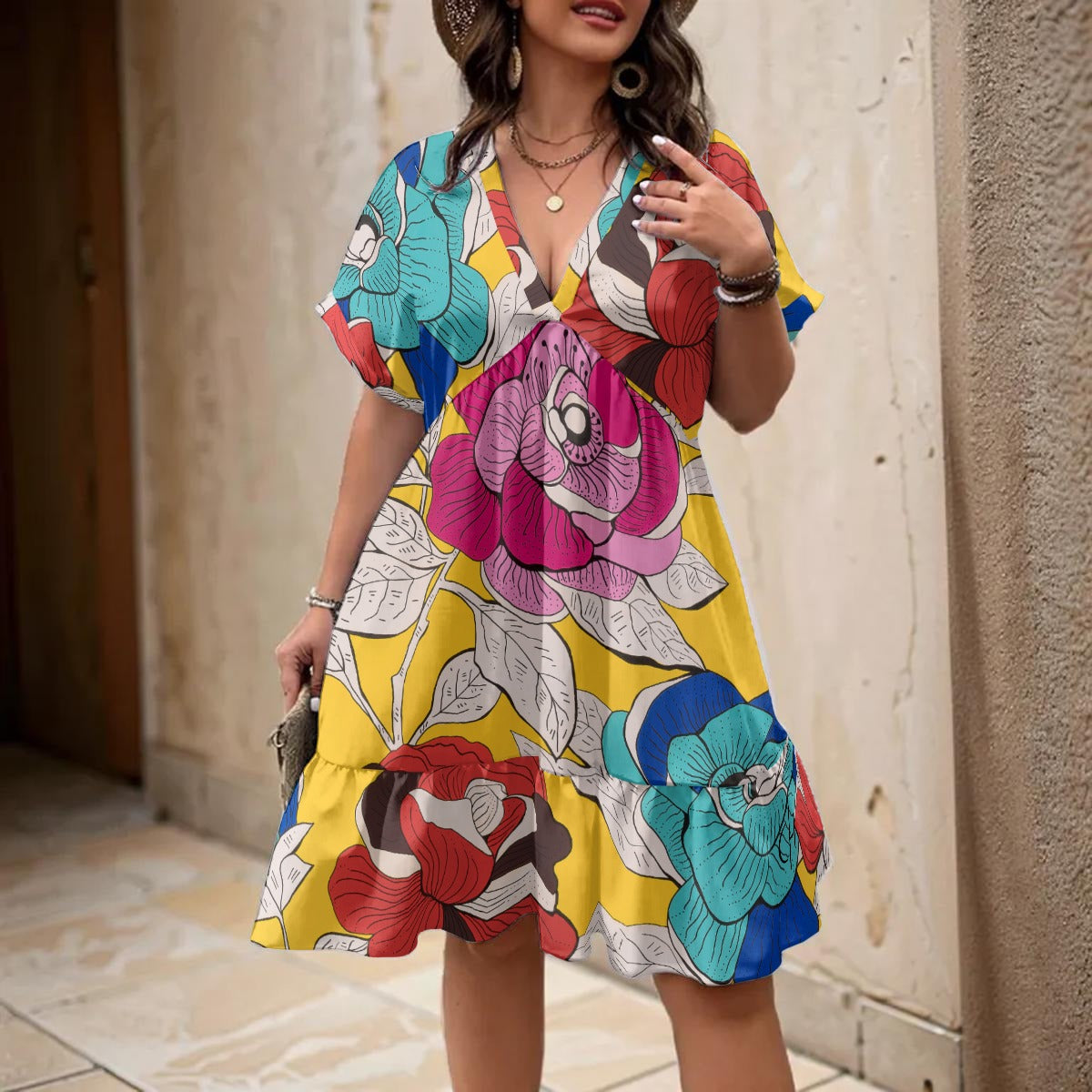 Vestido de manga corta con cuello en V "Flores" de Sonia Giusto