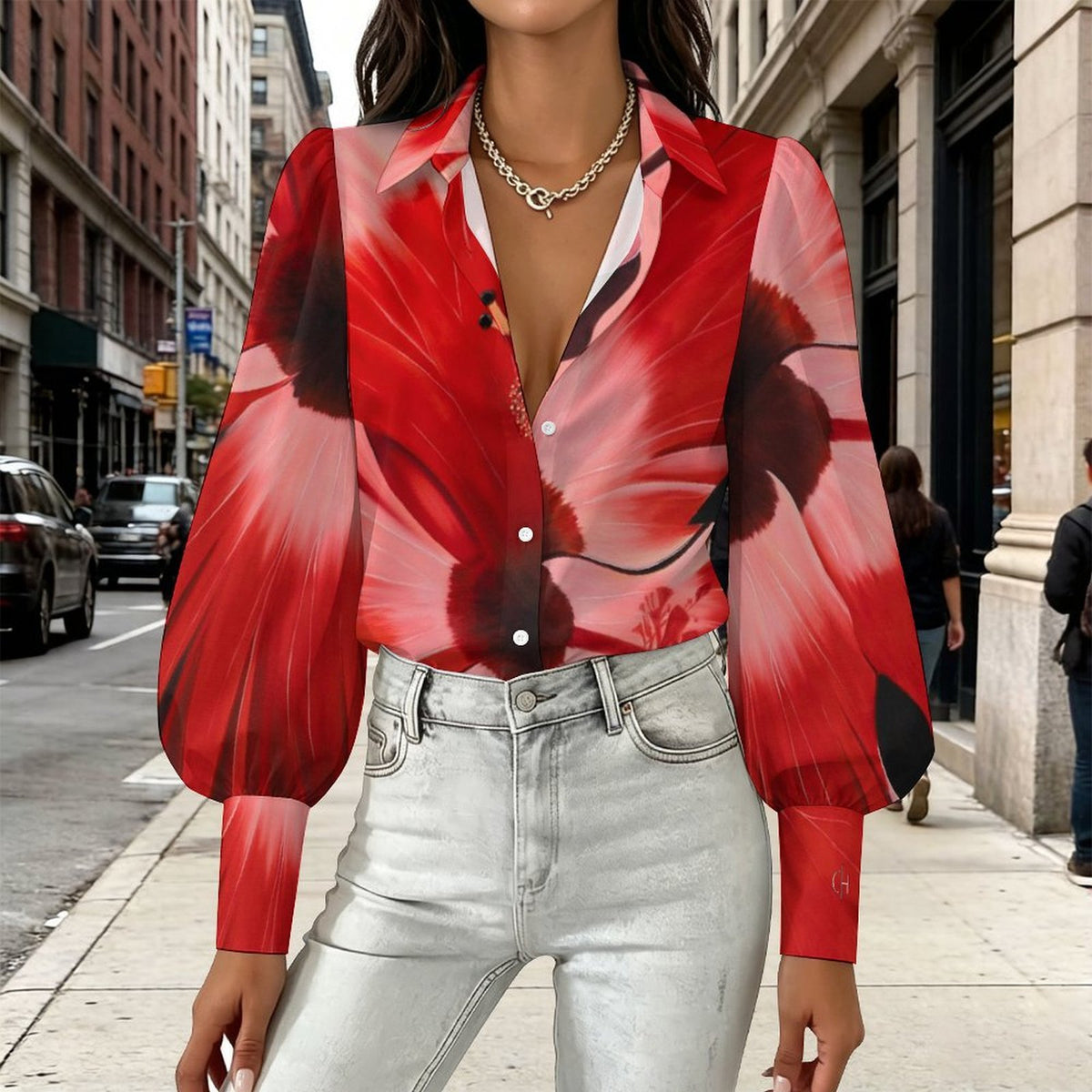 Sonia Guisto - "Rosa China" Art Women's Satin Lantern Long Sleeve Blouse