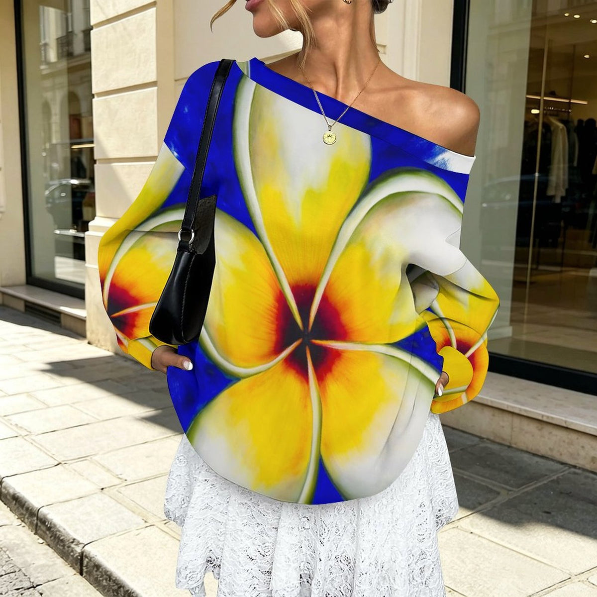 Sonia Giusto – “Plumeria” Art Women’s Off-Shoulder Sweatshirt