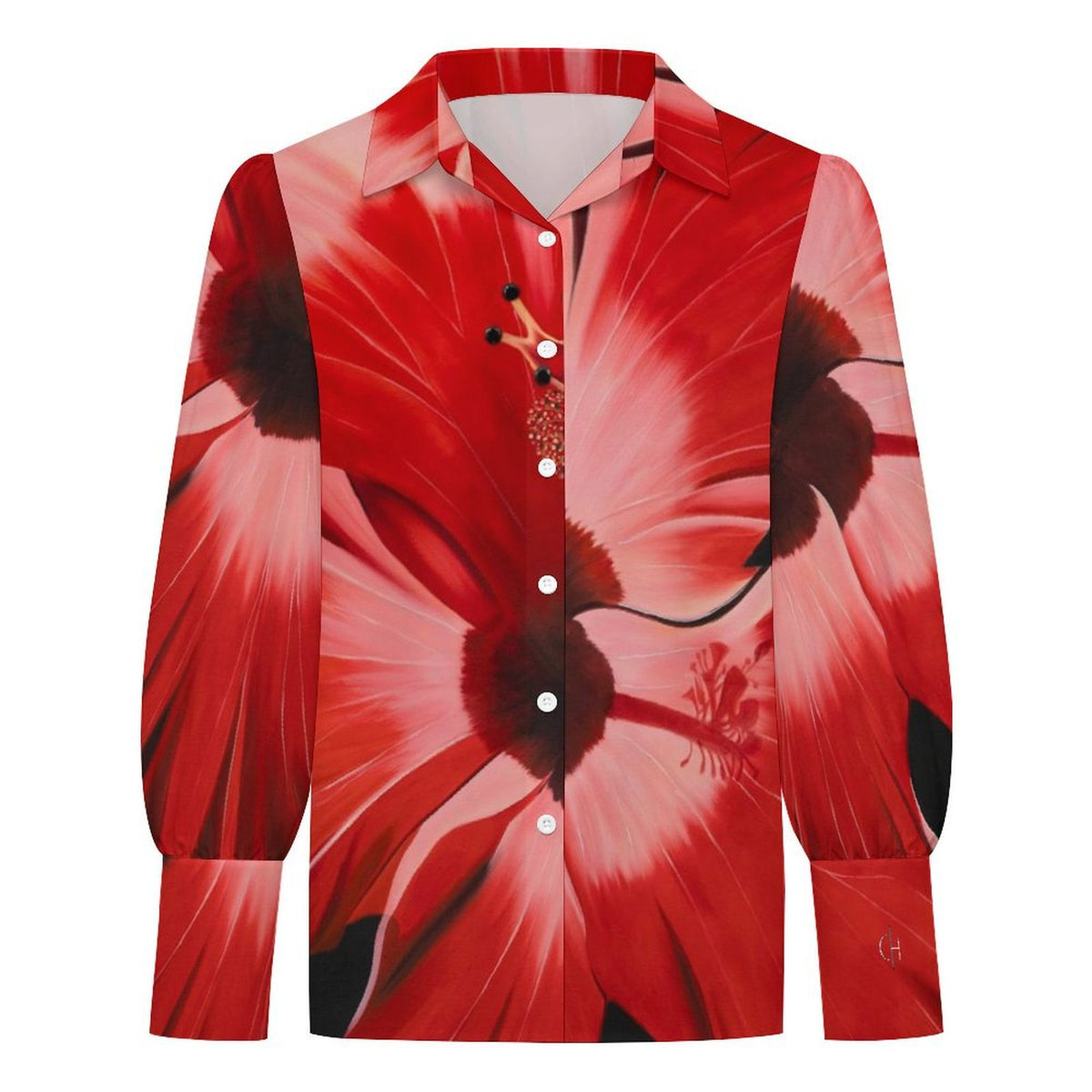 Sonia Guisto - "Rosa China" Art Women's Satin Lantern Long Sleeve Blouse